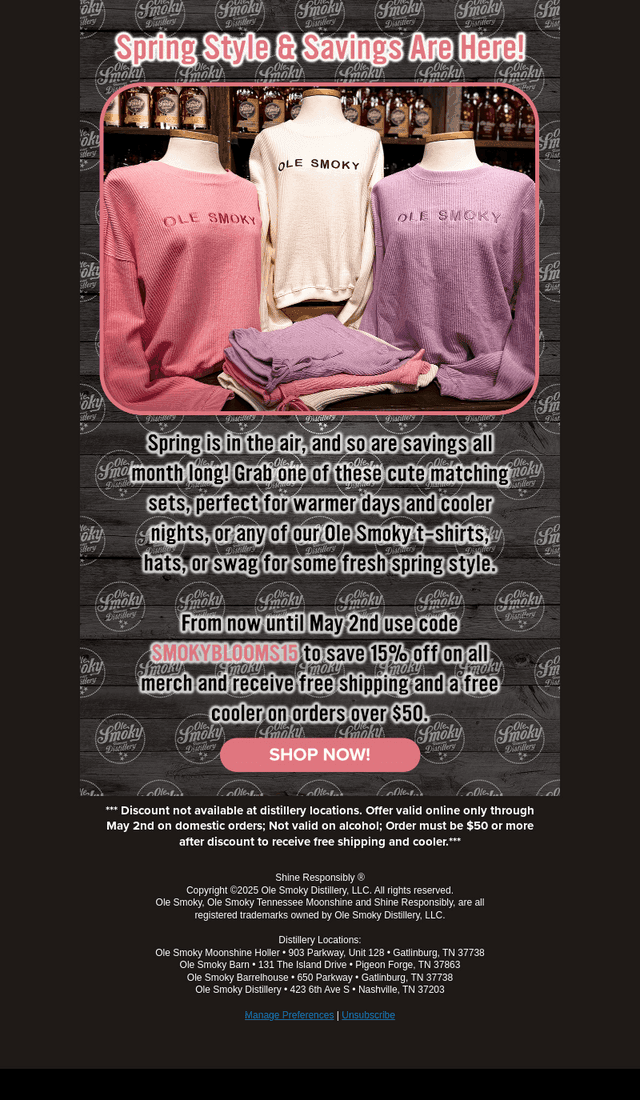 Ole Smoky Distillery email from Mon, Apr 7, 2025