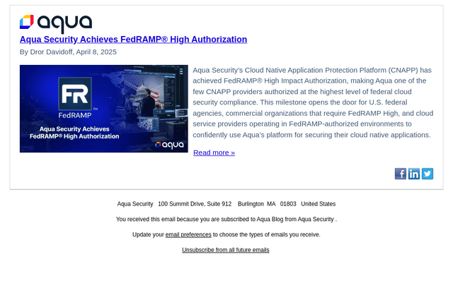 Aqua Security Achieves FedRAMP® High Authorization