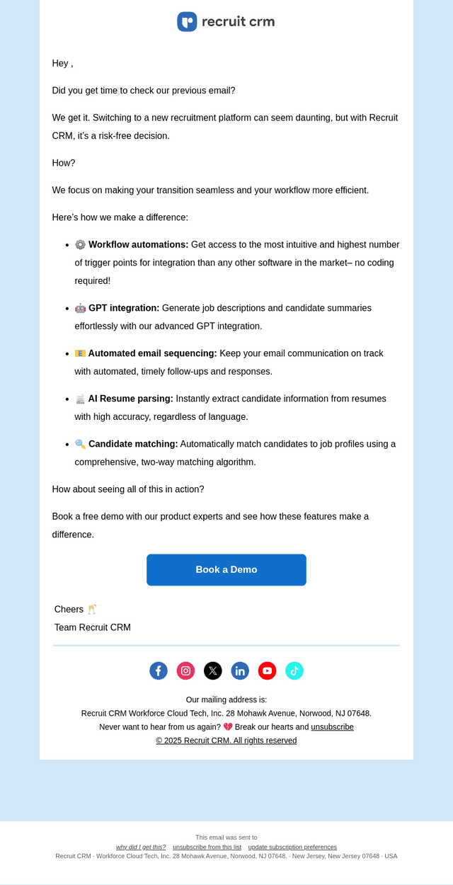 Recruit CRM email from Tue, Apr 8, 2025
