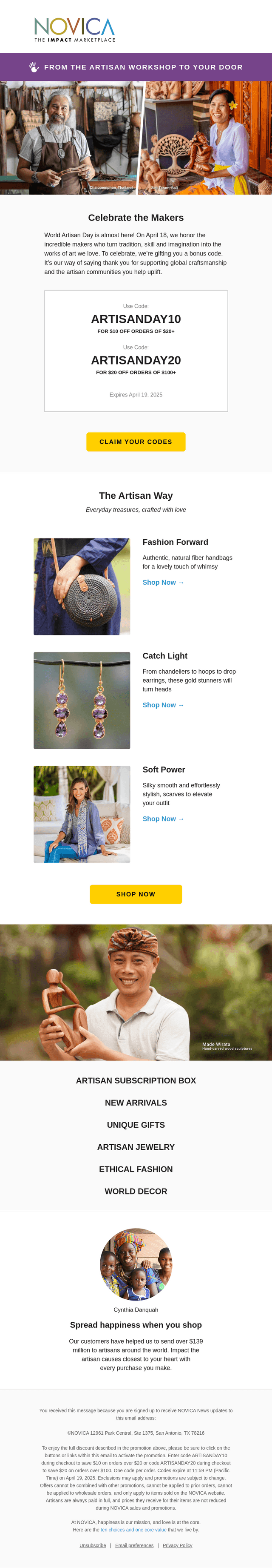 Your $20 World Artisan Day code awaits…