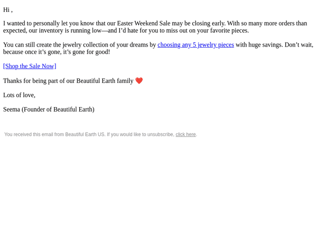 Beautiful Earth Boutique email from Sat, Apr 19, 2025