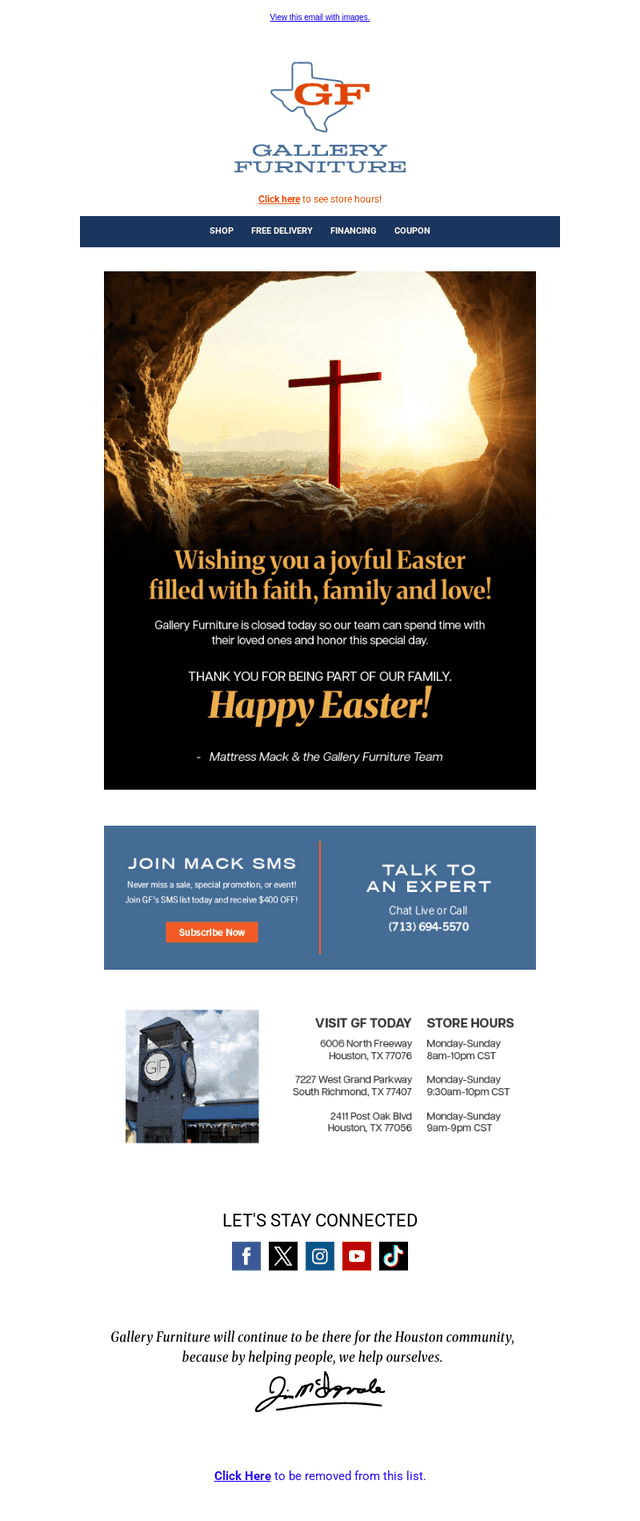 Gallery Furniture email from Sun, Apr 20, 2025