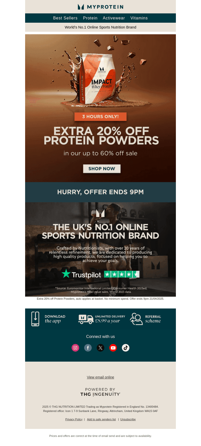 Extra 20% off ALL Protein Powders