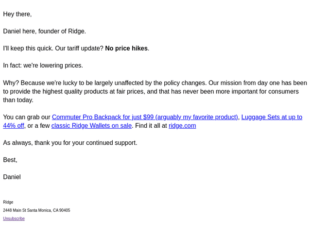 Tariff Update: No price hikes