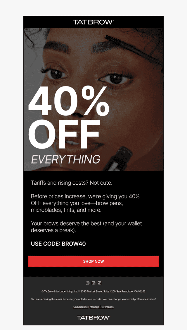 TatBrow email from Sat, Apr 26, 2025