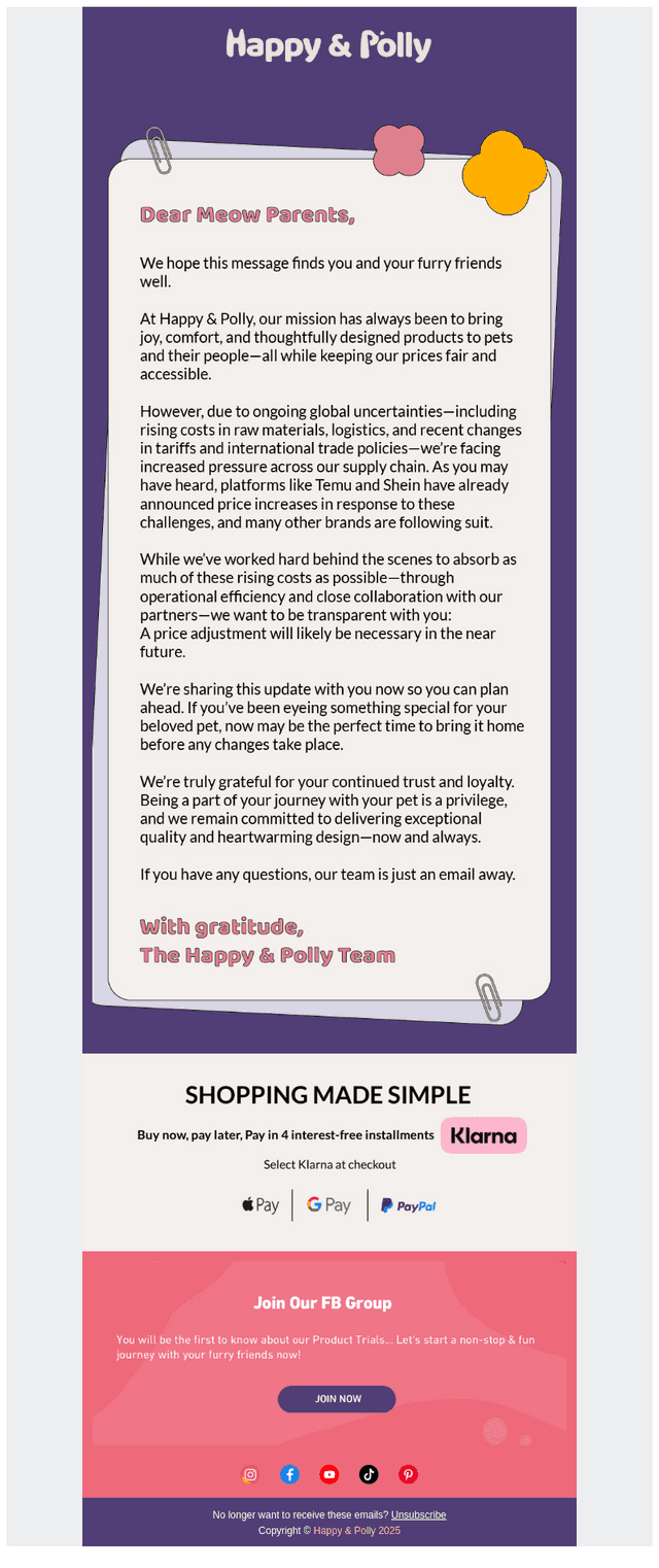 Happy & Polly email from Thu, May 1, 2025