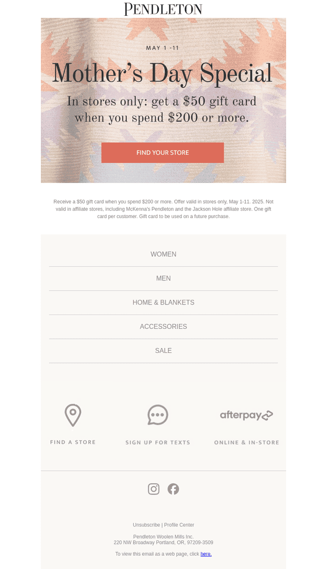Pendleton Woolen Mills email from Thu, May 1, 2025