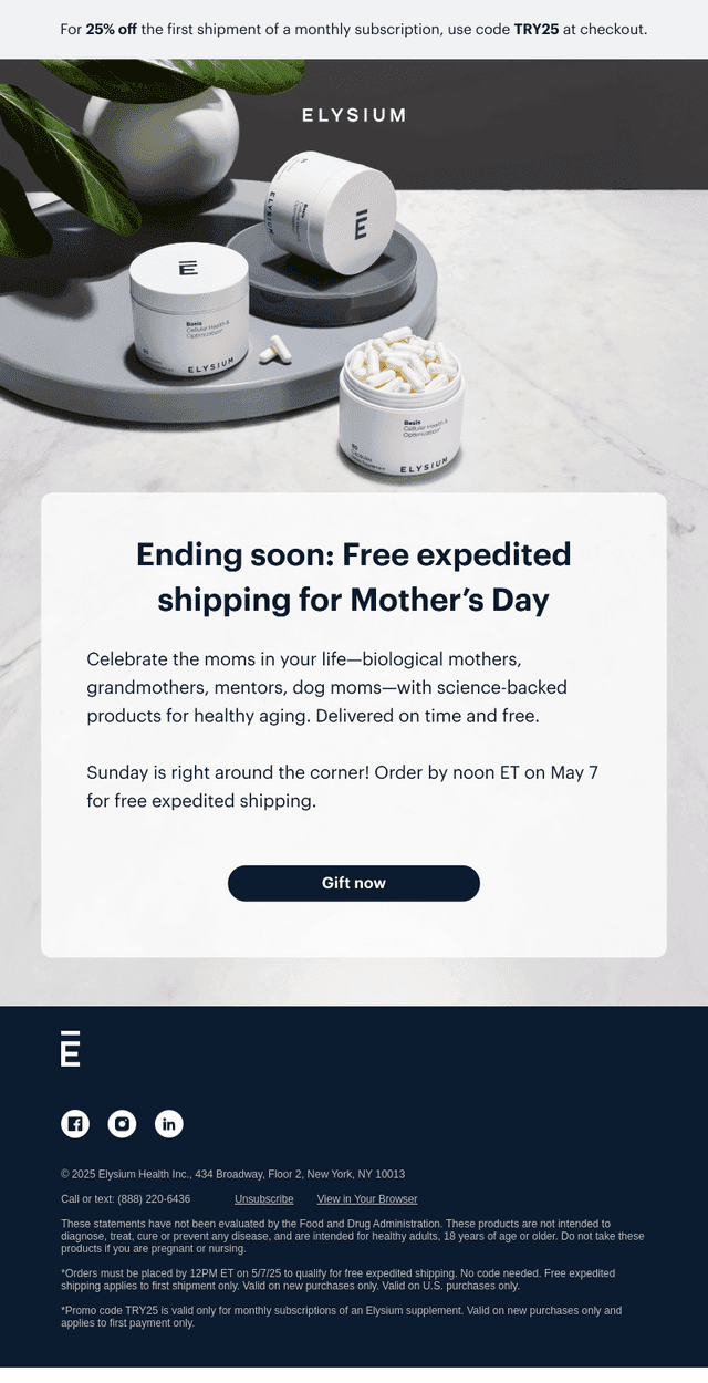 Elysium Health email from Tue, May 6, 2025