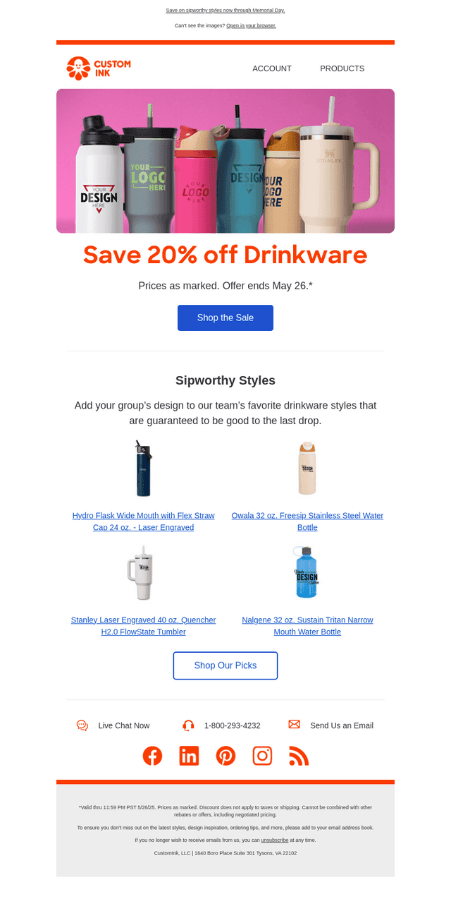 20% off custom drinkware for a limited time