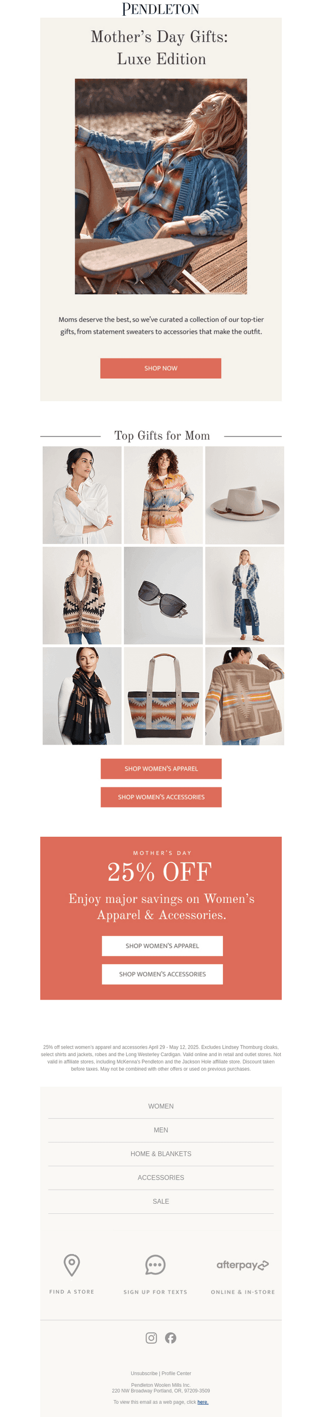Pendleton Woolen Mills email from Fri, May 9, 2025