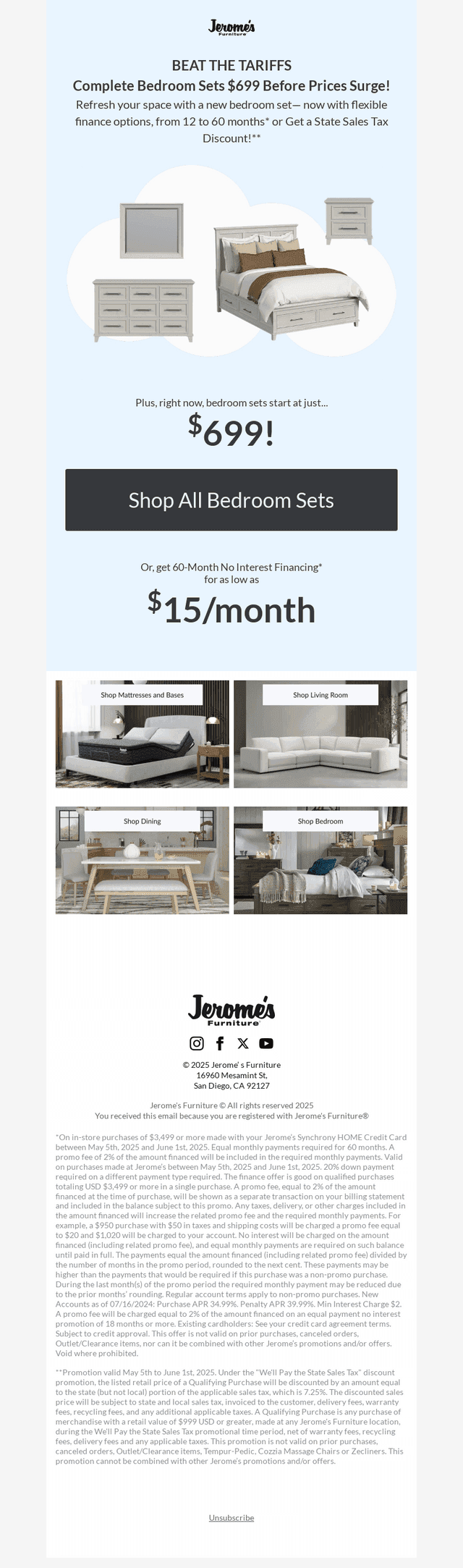 ALERT: $699 Bedroom Sets ($15/mo) Before Tariff Increases