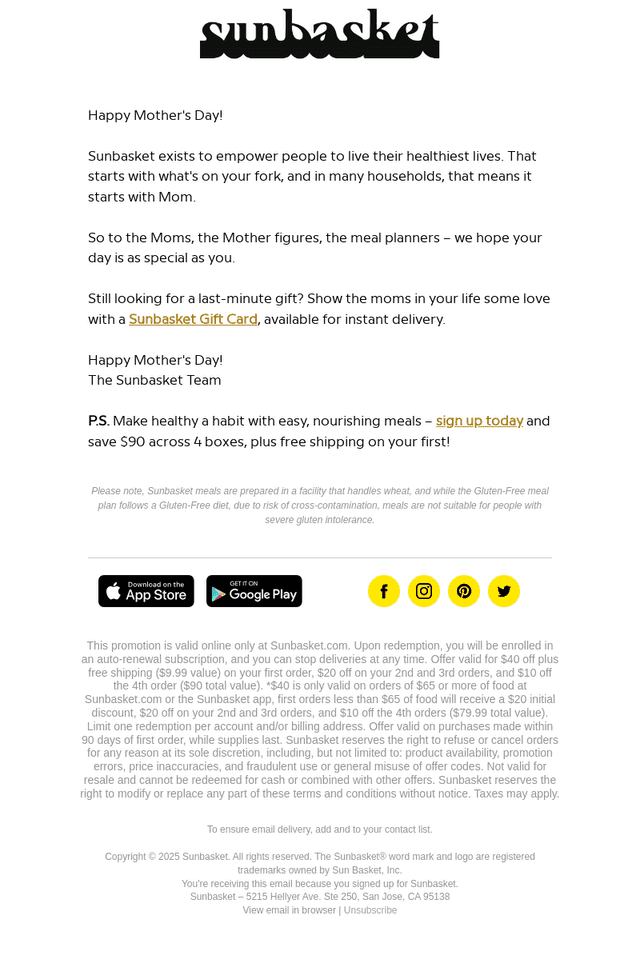 Sun Basket email from Sun, May 11, 2025
