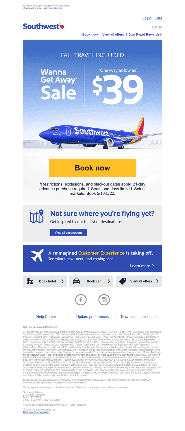 Southwest Airlines email from Tue, May 20, 2025