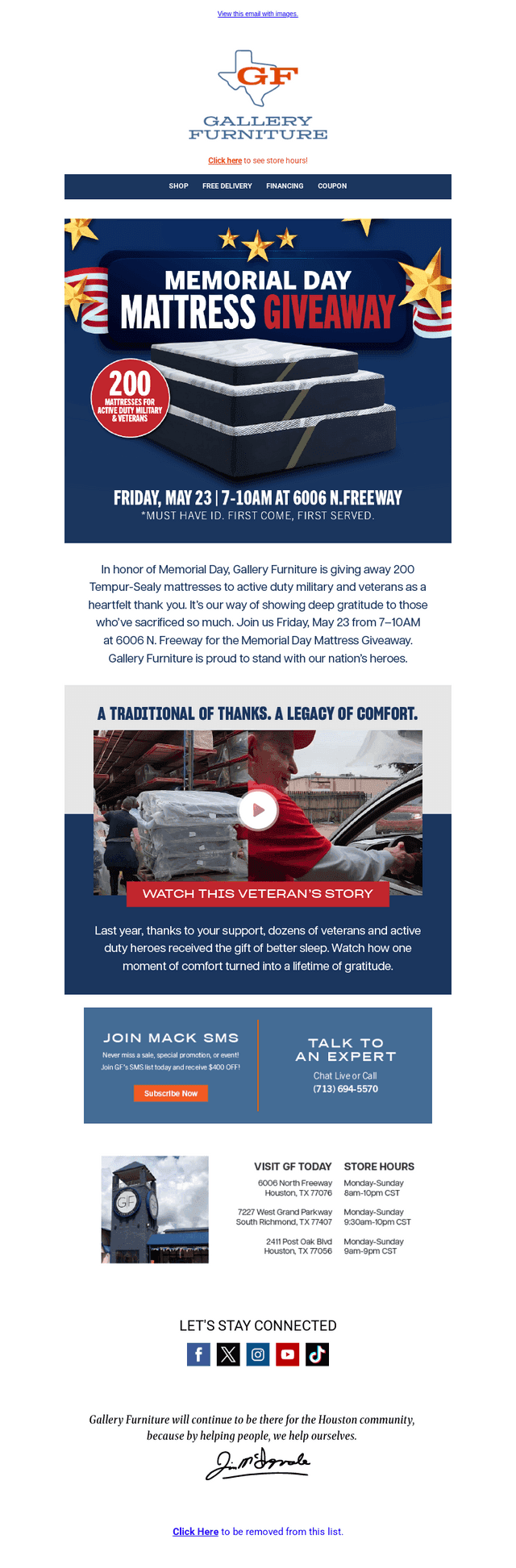 Gallery Furniture email from Tue, May 20, 2025
