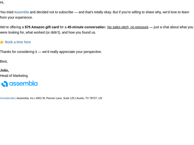 We’ll give you $75 to learn why Assembla wasn’t the right fit.
