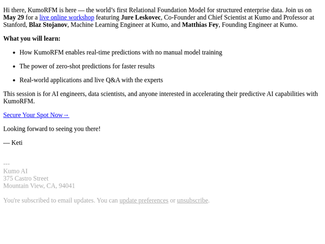 Online workshop: Predictions without predictive modeling: Getting started with KumoRFM