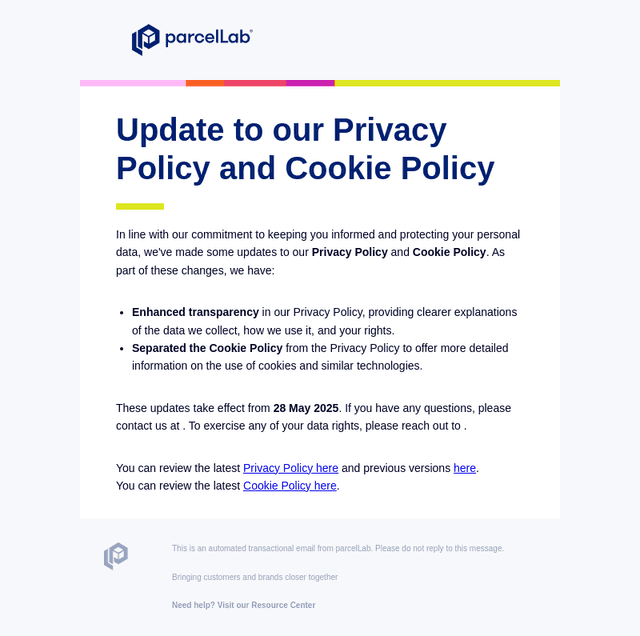 parcelLab Inc. email from Wed, May 28, 2025