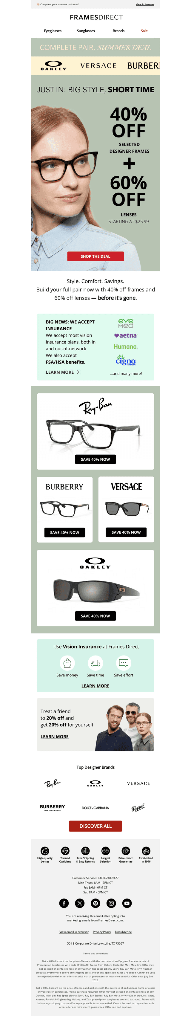 Limited-time savings: 40% off frames + 60% off lenses