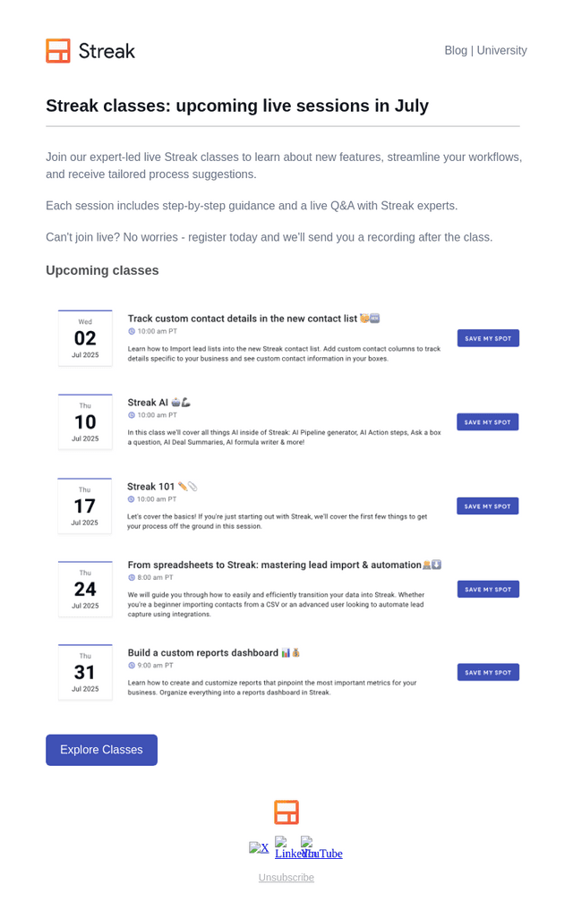 Upcoming Streak classes – live training in July