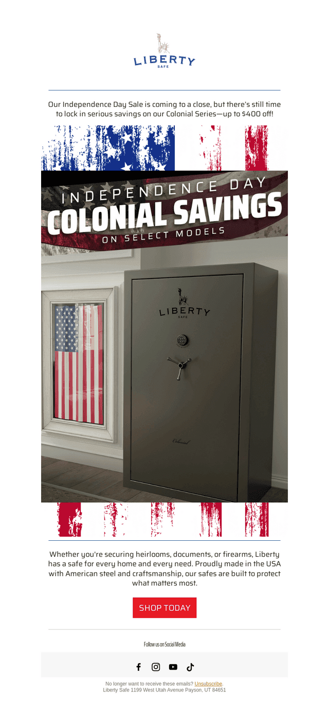 Liberty Safe email from Mon, Jul 7, 2025