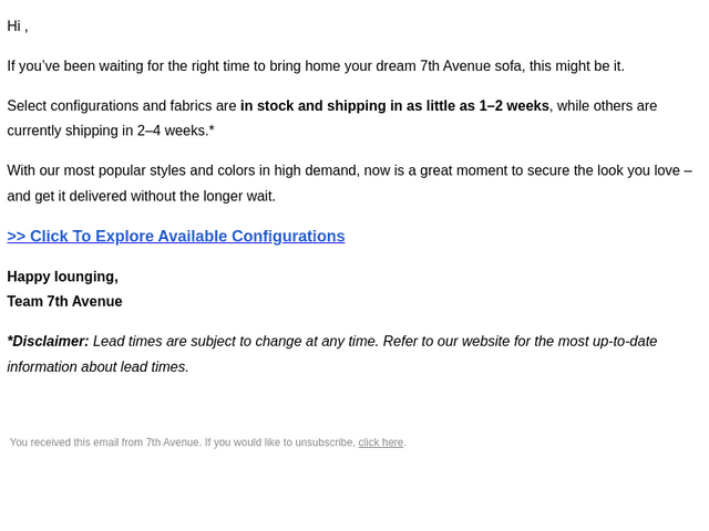 Re: sofa lead times