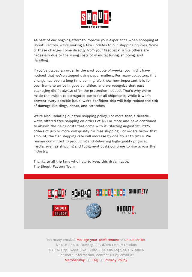 Shout! Factory email from Wed, Jul 16, 2025