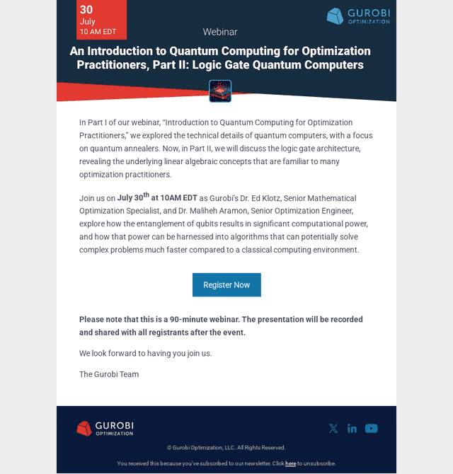 Reminder: Quantum Computing for Optimization Practitioners, Part II Webinar – July 30th