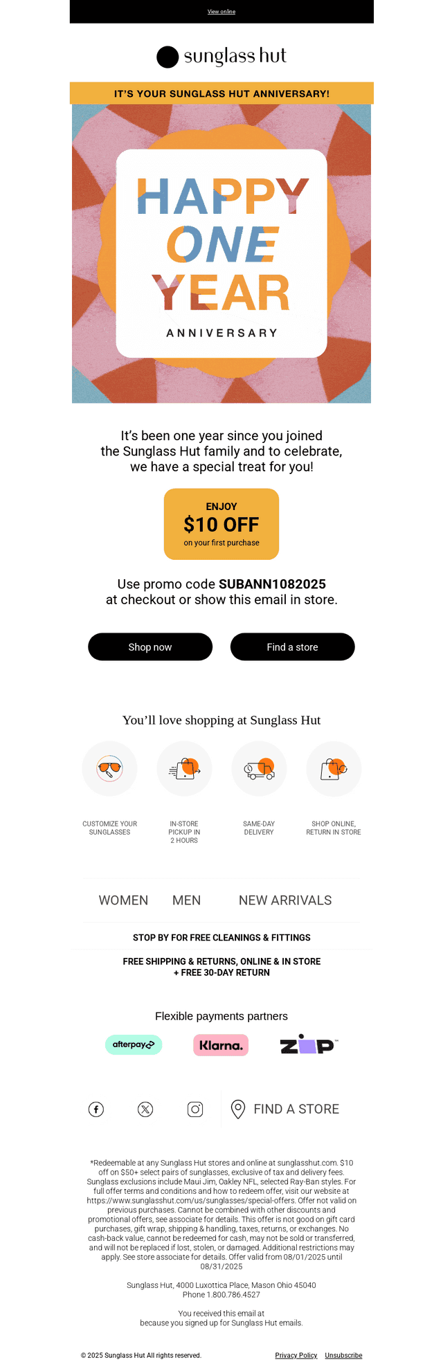 Sunglass Hut email from Mon, Aug 4, 2025