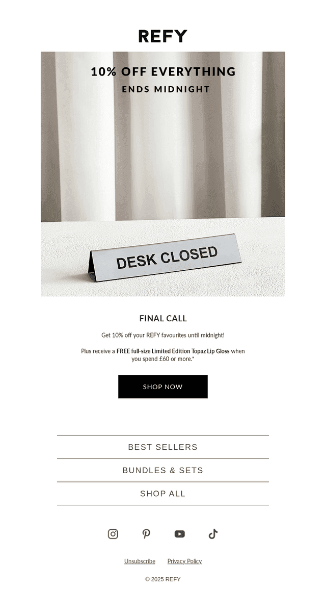 Final call! 10% off ends midnight