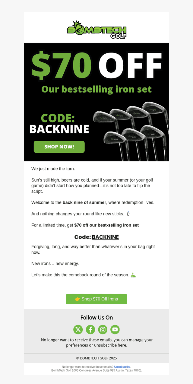 BombTech Golf email from Thu, Aug 7, 2025