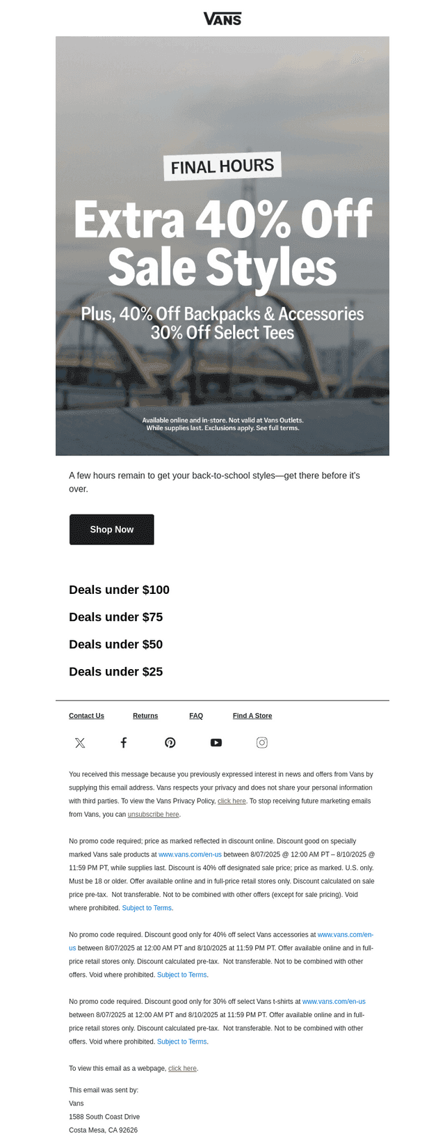 Vans email from Sun, Aug 10, 2025