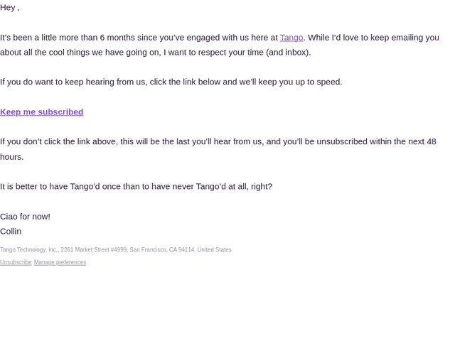 Tango email from Mon, Aug 11, 2025