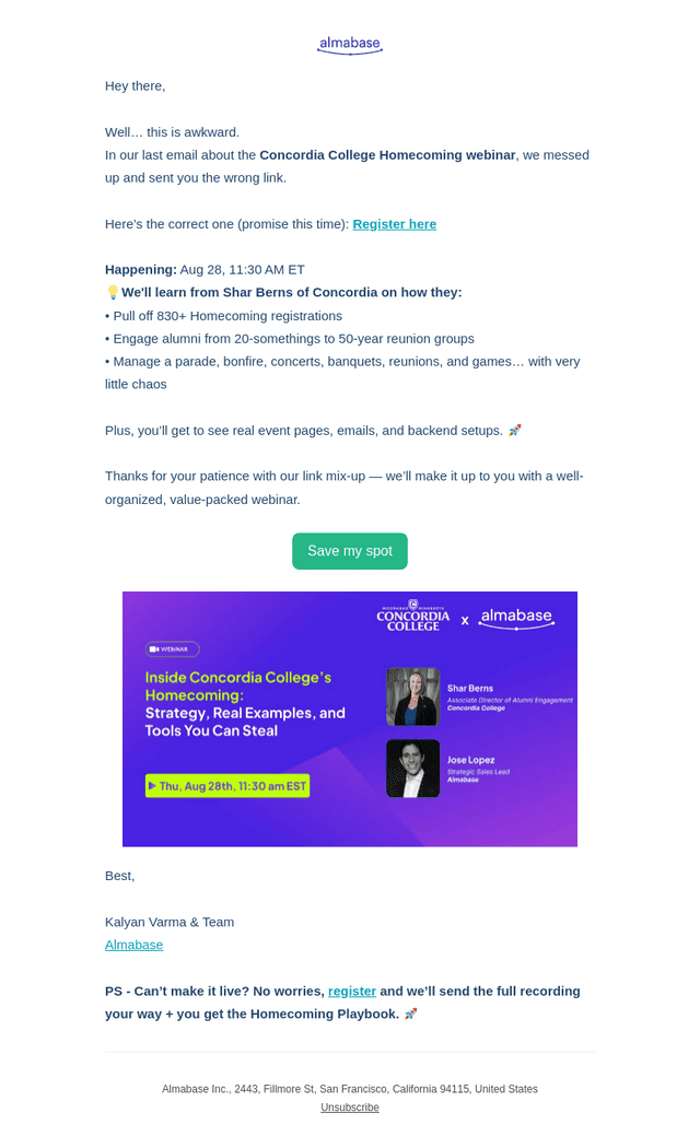 Almabase email from Tue, Aug 12, 2025