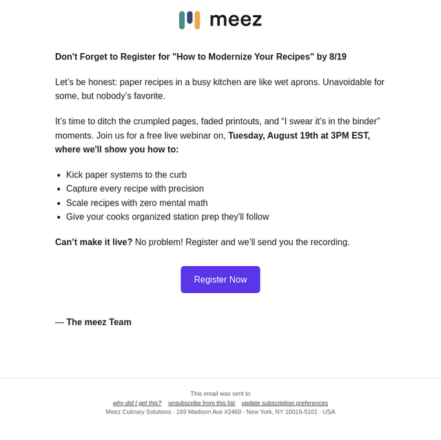 Meez Culinary Solutions email from Thu, Aug 14, 2025