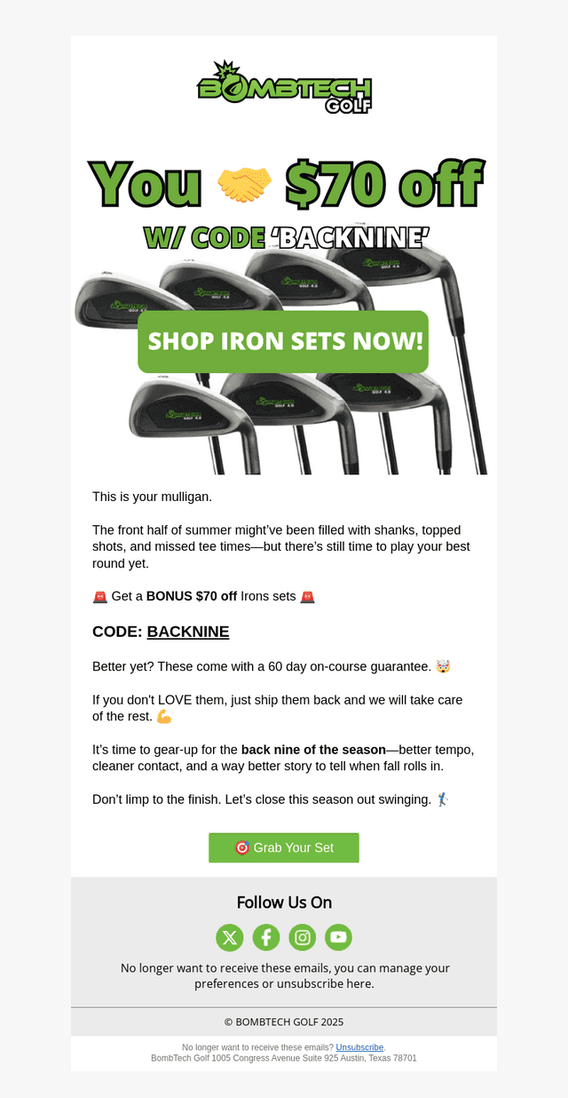 BombTech Golf email from Wed, Aug 20, 2025