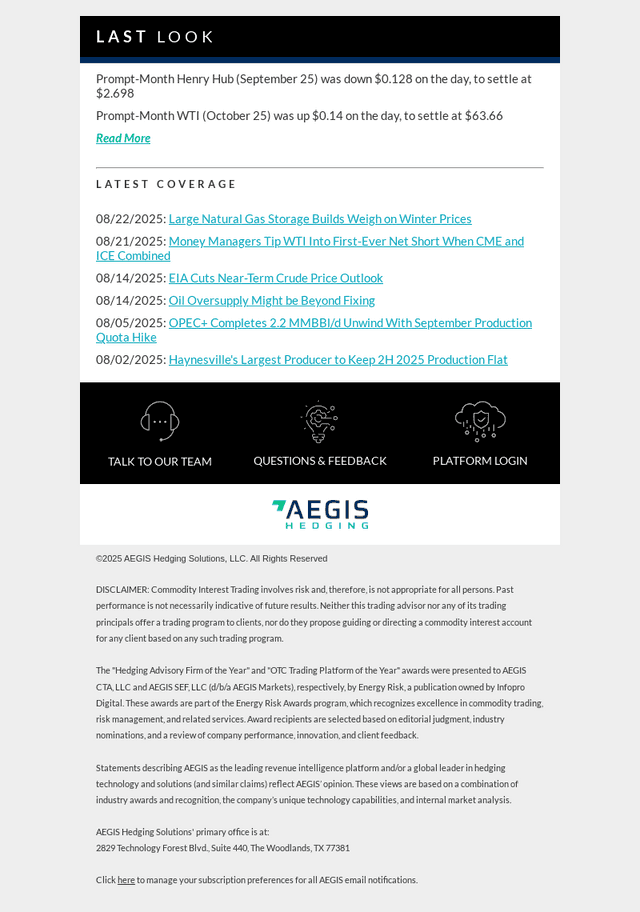 AEGIS Hedging email from Fri, Aug 22, 2025