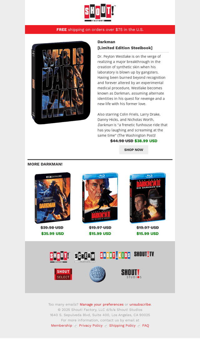 Shout! Factory email from Sun, Aug 24, 2025