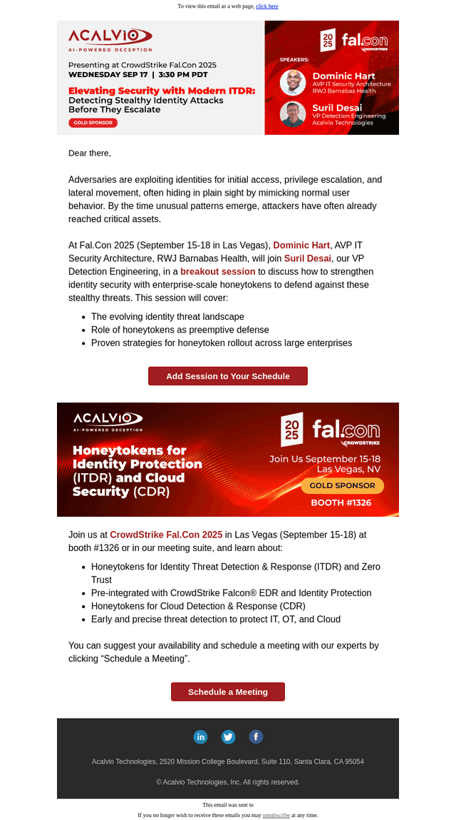 Acalvio Technologies email from Fri, Aug 29, 2025