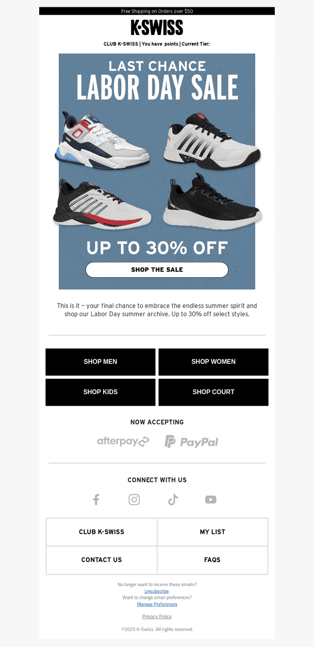 K-Swiss email from Mon, Sep 1, 2025