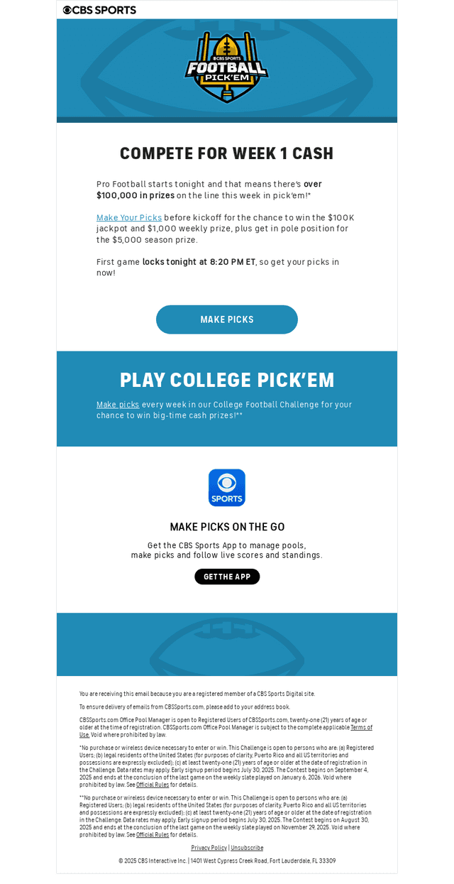 🏈 Make Picks, Play for $100K!