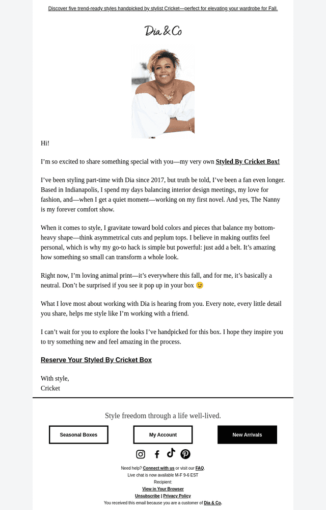 A note from Dia Stylist, Cricket