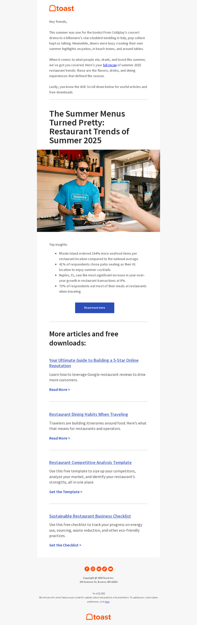 Toast email from Mon, Sep 8, 2025