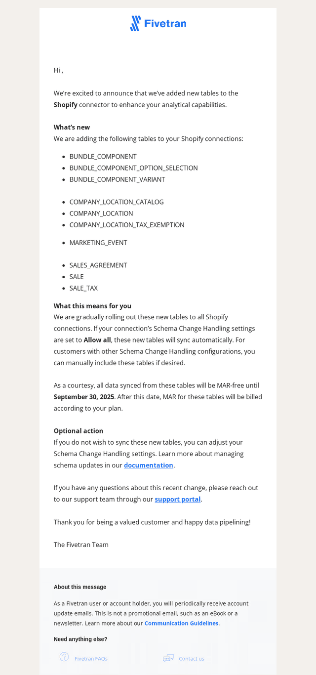 New Tables Added to Shopify Connector