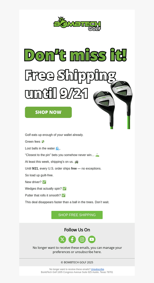 BombTech Golf email from Mon, Sep 15, 2025