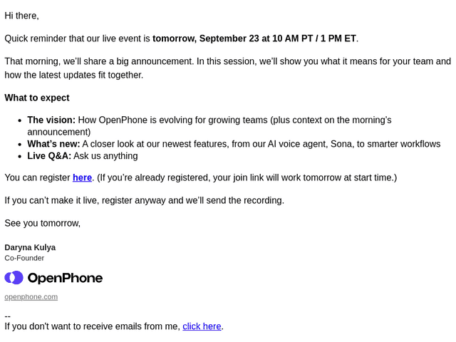 OpenPhone email from Mon, Sep 22, 2025