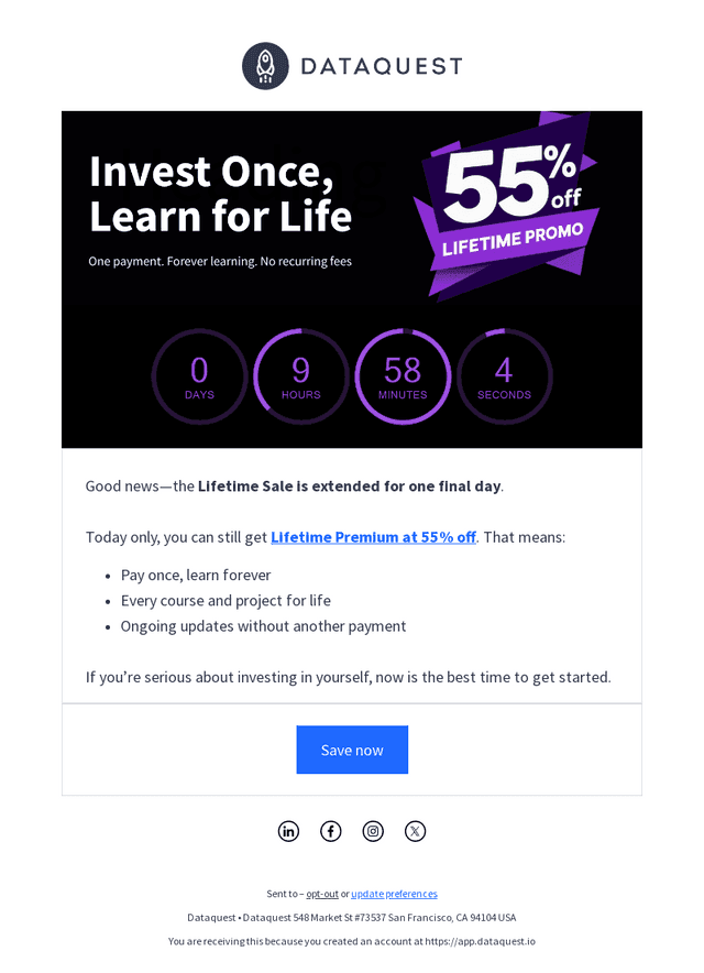 One more day to secure 55% off Lifetime