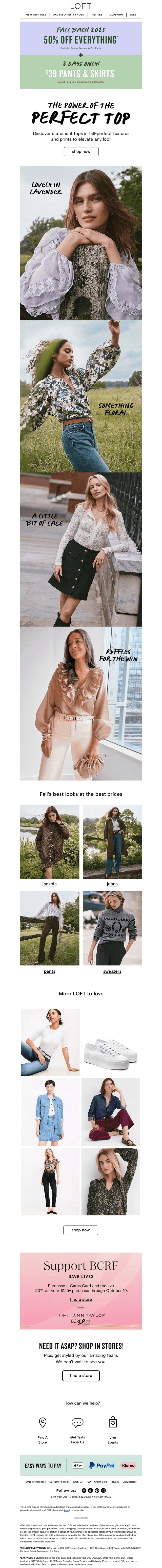 Top off your look + everything’s 50% off!*