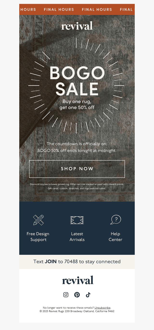 Final hours for BOGO 50% off