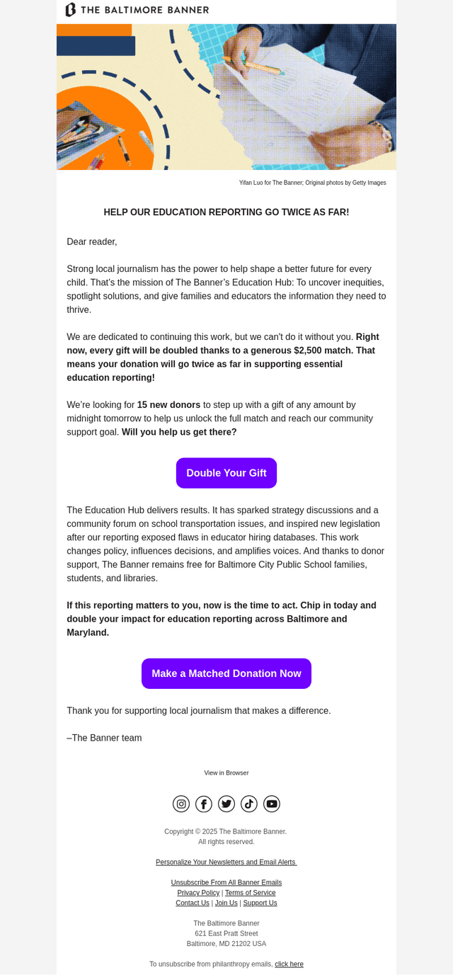 Double your support for education reporting today