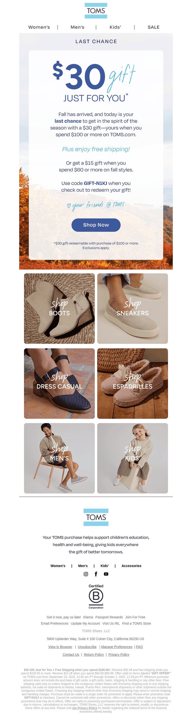 A $30 Gift + Free Shipping—FINAL DAY
